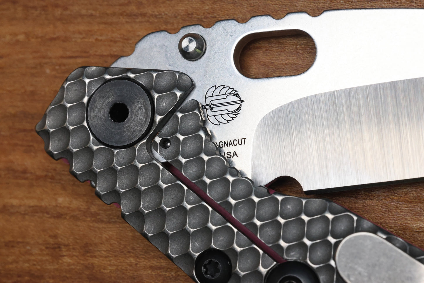 STRIDER KNIVES SNG TWO-TONE SATIN/ STONEWASHED MAGNACUT TANTO BLADE, PINK G10 GUNNER GRIP TOP, STONEWASHED GUNNER GRIP TITANIUM FRAME