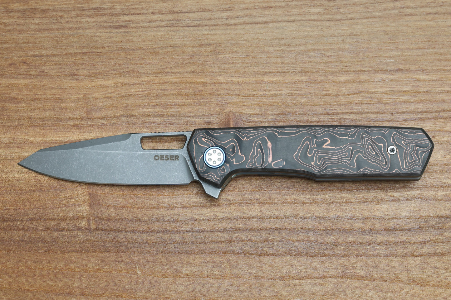 MECHFORCE KNIVES OESER NEBO V2 COPPER FLOW CARBON FIBER HANDLES & ELMAX