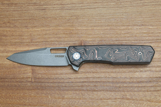 MECHFORCE KNIVES OESER NEBO V2 COPPER FLOW CARBON FIBER HANDLES & ELMAX