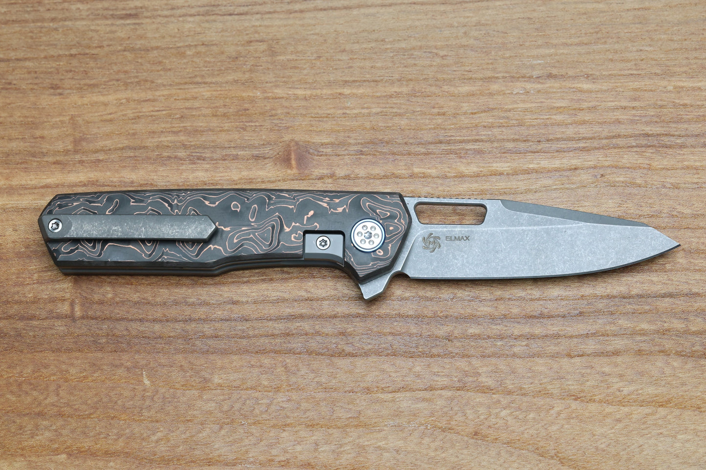 MECHFORCE KNIVES OESER NEBO V2 COPPER FLOW CARBON FIBER HANDLES & ELMAX