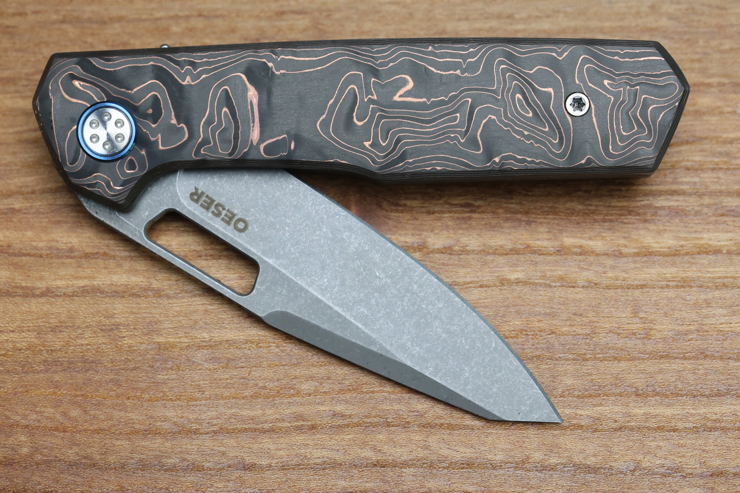 MECHFORCE KNIVES OESER NEBO V2 COPPER FLOW CARBON FIBER HANDLES & ELMAX