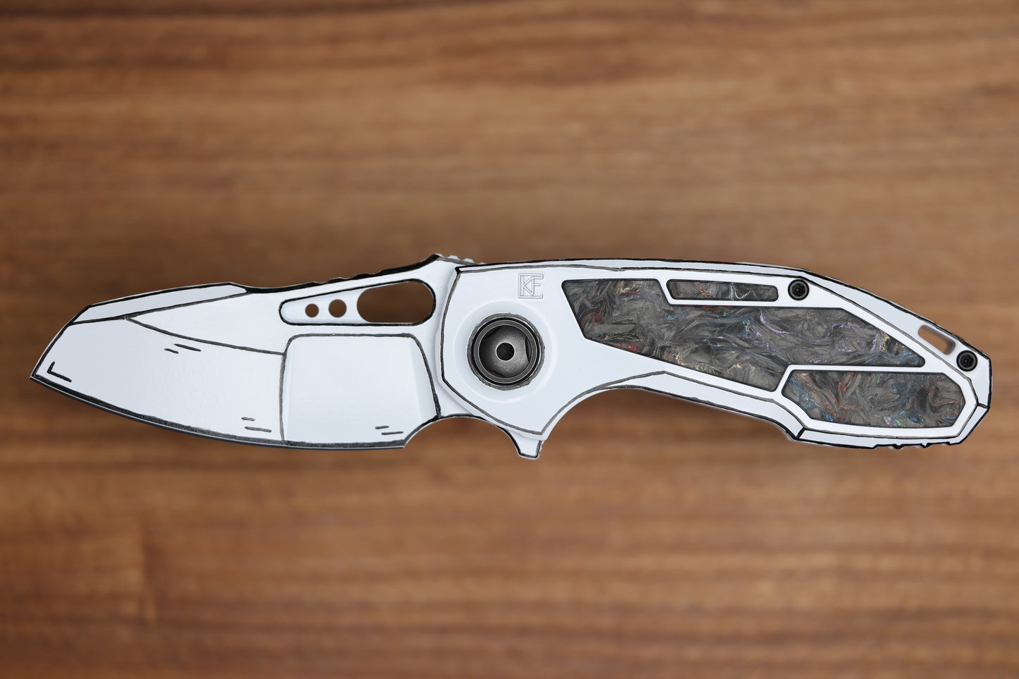 CUSTOM KNIFE FACTORY PEACEDUKE 2.0 WHITE CEL SHADE W/ CIRCUS CARBON FIBER INLAID TITANIUM HANDLES & M398