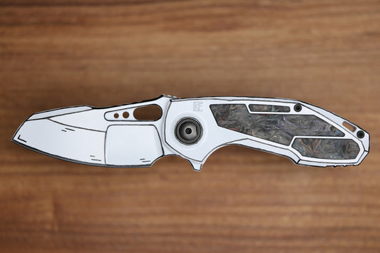 CUSTOM KNIFE FACTORY PEACEDUKE 2.0 WHITE CEL SHADE W/ CIRCUS CARBON FIBER INLAID TITANIUM HANDLES & M398