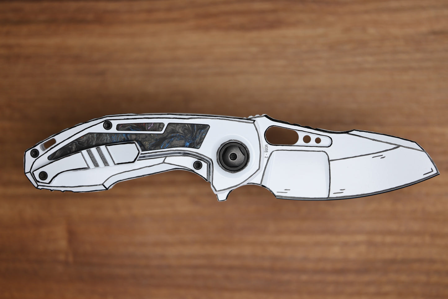 CUSTOM KNIFE FACTORY PEACEDUKE 2.0 WHITE CEL SHADE W/ CIRCUS CARBON FIBER INLAID TITANIUM HANDLES & M398