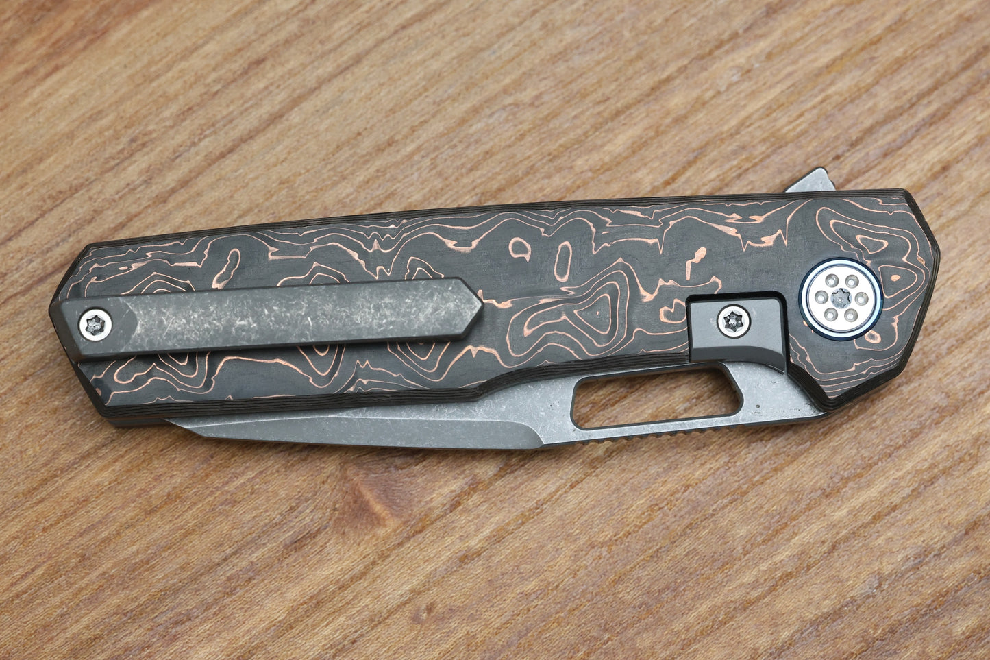 MECHFORCE KNIVES OESER NEBO V2 COPPER FLOW CARBON FIBER HANDLES & ELMAX