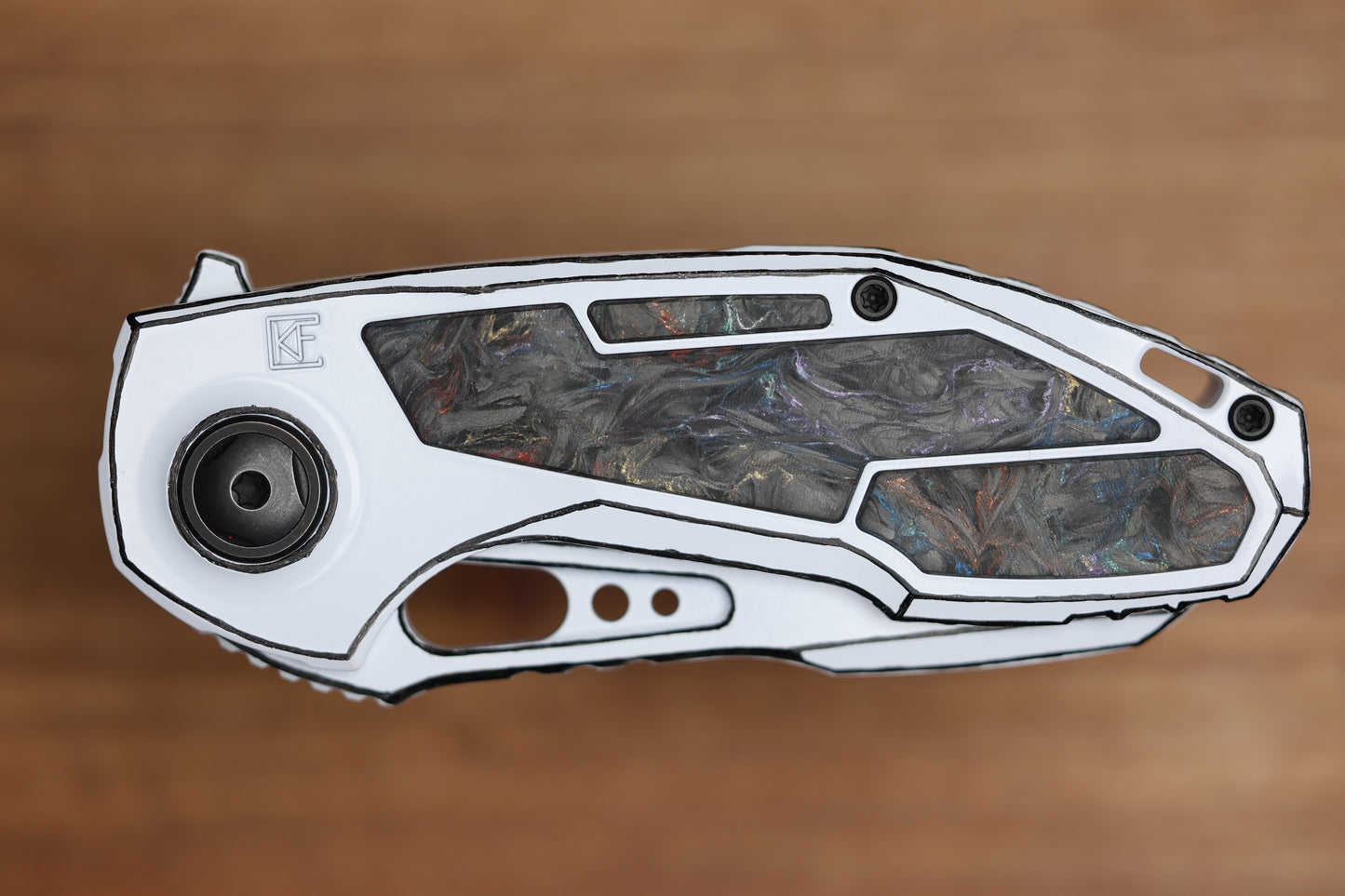 CUSTOM KNIFE FACTORY PEACEDUKE 2.0 WHITE CEL SHADE W/ CIRCUS CARBON FIBER INLAID TITANIUM HANDLES & M398