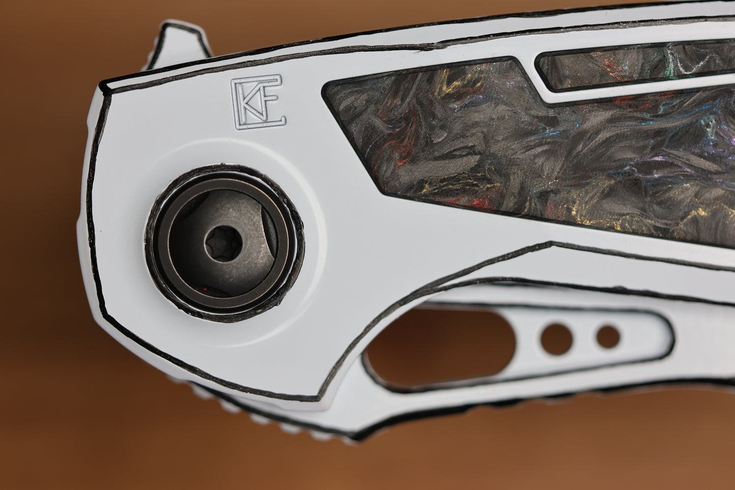 CUSTOM KNIFE FACTORY PEACEDUKE 2.0 WHITE CEL SHADE W/ CIRCUS CARBON FIBER INLAID TITANIUM HANDLES & M398