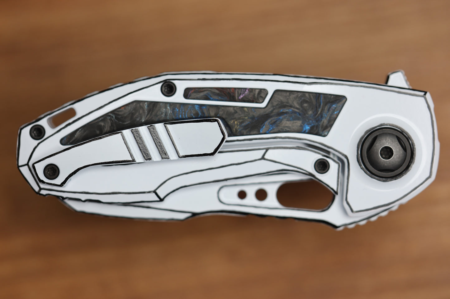 CUSTOM KNIFE FACTORY PEACEDUKE 2.0 WHITE CEL SHADE W/ CIRCUS CARBON FIBER INLAID TITANIUM HANDLES & M398