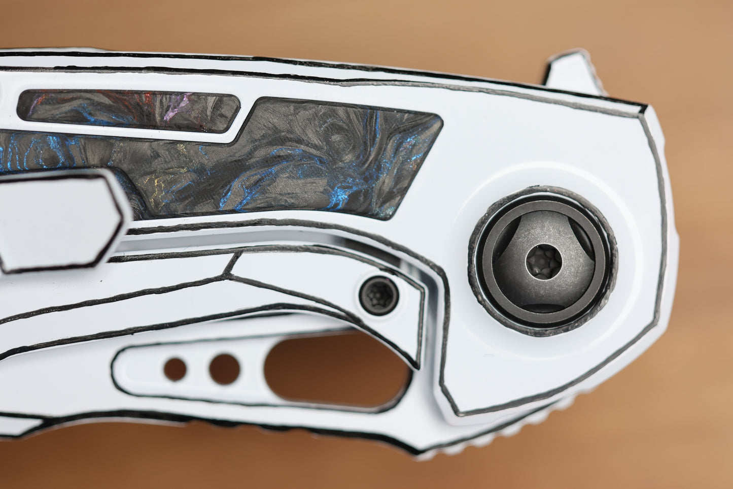 CUSTOM KNIFE FACTORY PEACEDUKE 2.0 WHITE CEL SHADE W/ CIRCUS CARBON FIBER INLAID TITANIUM HANDLES & M398