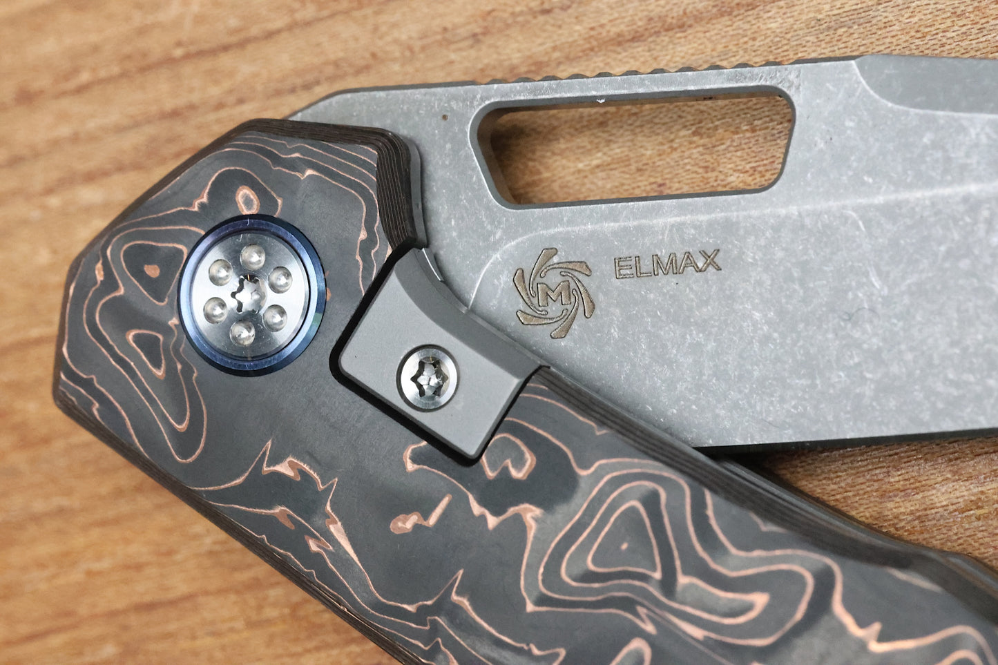 MECHFORCE KNIVES OESER NEBO V2 COPPER FLOW CARBON FIBER HANDLES & ELMAX