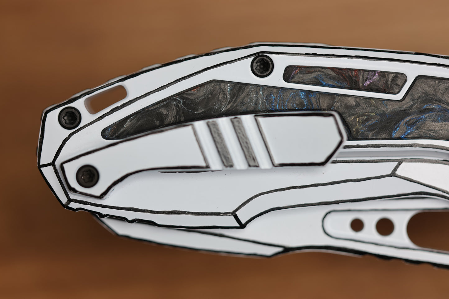CUSTOM KNIFE FACTORY PEACEDUKE 2.0 WHITE CEL SHADE W/ CIRCUS CARBON FIBER INLAID TITANIUM HANDLES & M398