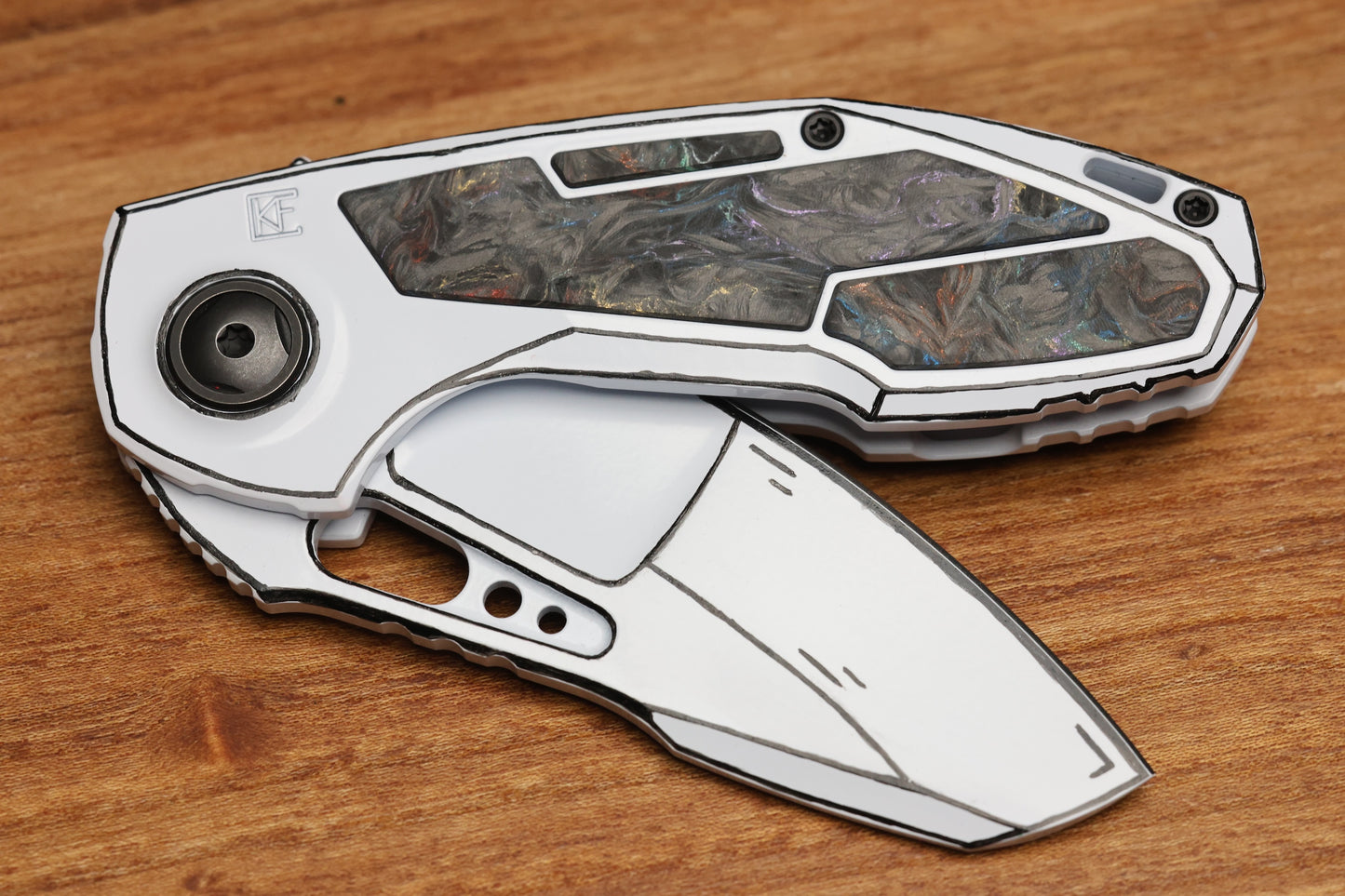 CUSTOM KNIFE FACTORY PEACEDUKE 2.0 WHITE CEL SHADE W/ CIRCUS CARBON FIBER INLAID TITANIUM HANDLES & M398
