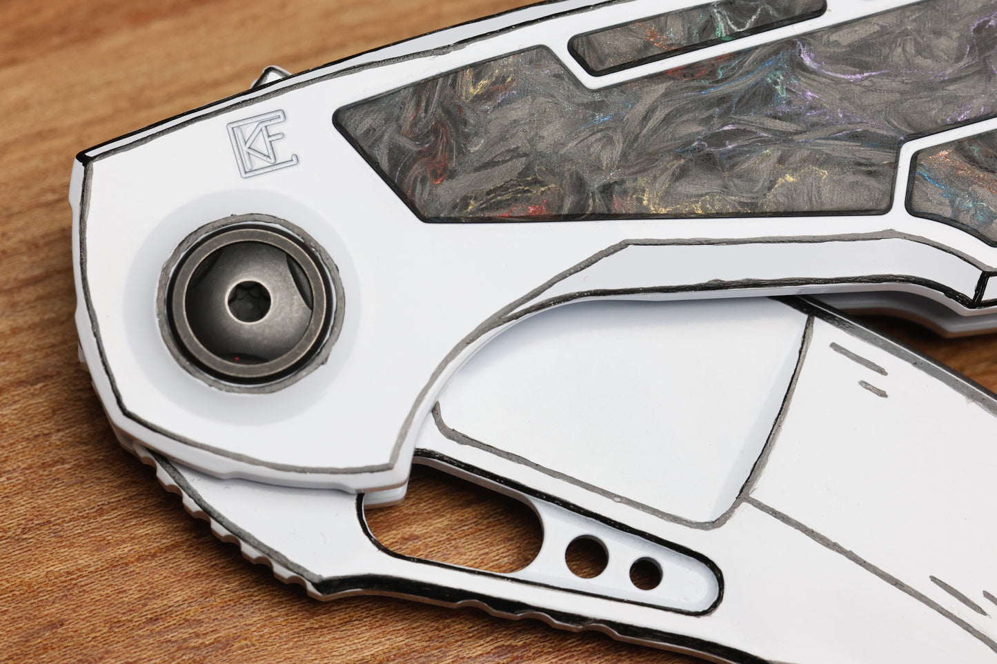 CUSTOM KNIFE FACTORY PEACEDUKE 2.0 WHITE CEL SHADE W/ CIRCUS CARBON FIBER INLAID TITANIUM HANDLES & M398