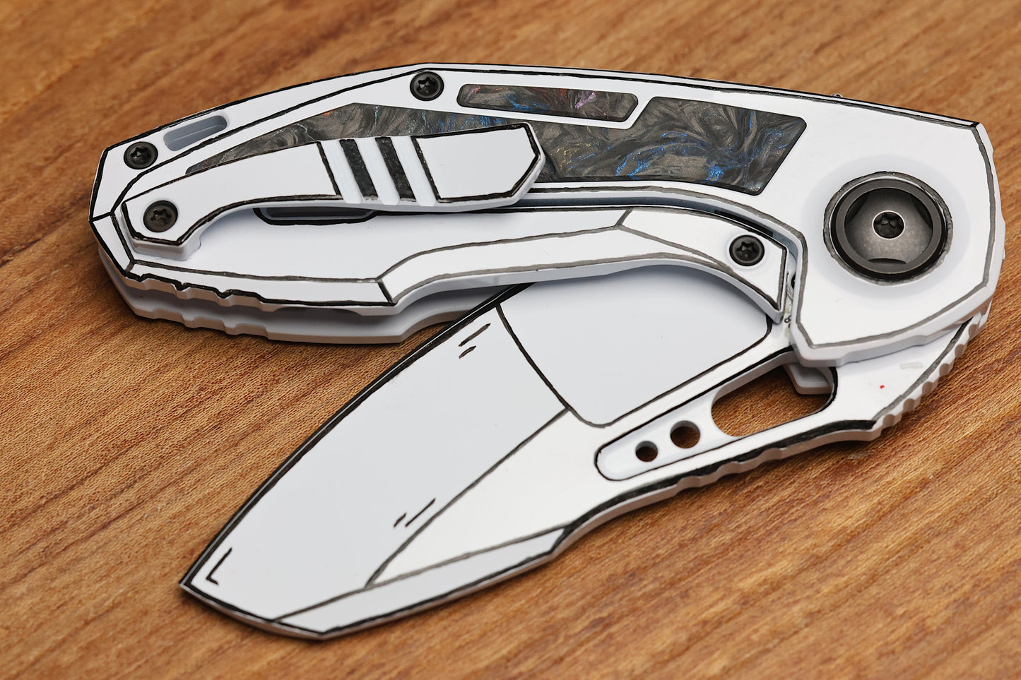 CUSTOM KNIFE FACTORY PEACEDUKE 2.0 WHITE CEL SHADE W/ CIRCUS CARBON FIBER INLAID TITANIUM HANDLES & M398