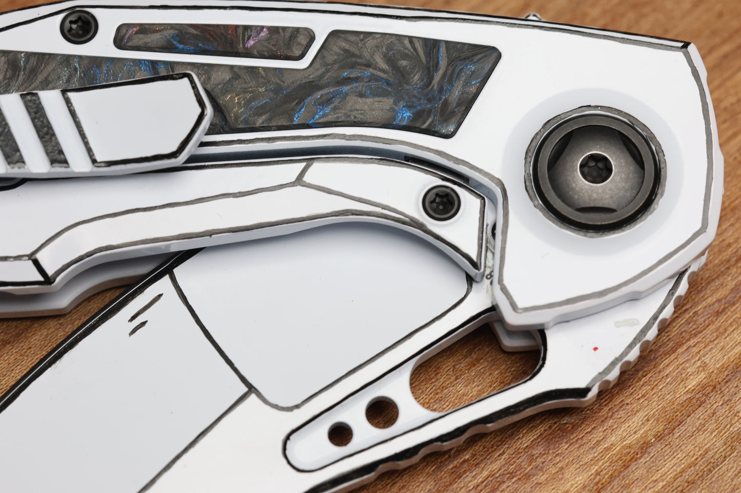 CUSTOM KNIFE FACTORY PEACEDUKE 2.0 WHITE CEL SHADE W/ CIRCUS CARBON FIBER INLAID TITANIUM HANDLES & M398