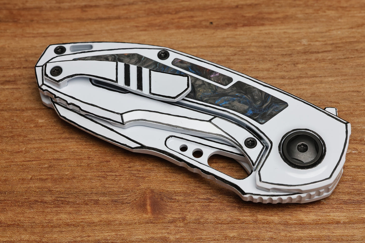 CUSTOM KNIFE FACTORY PEACEDUKE 2.0 WHITE CEL SHADE W/ CIRCUS CARBON FIBER INLAID TITANIUM HANDLES & M398