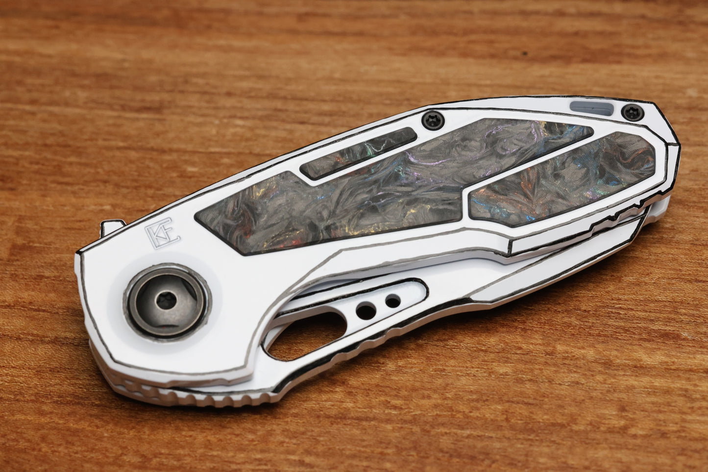 CUSTOM KNIFE FACTORY PEACEDUKE 2.0 WHITE CEL SHADE W/ CIRCUS CARBON FIBER INLAID TITANIUM HANDLES & M398