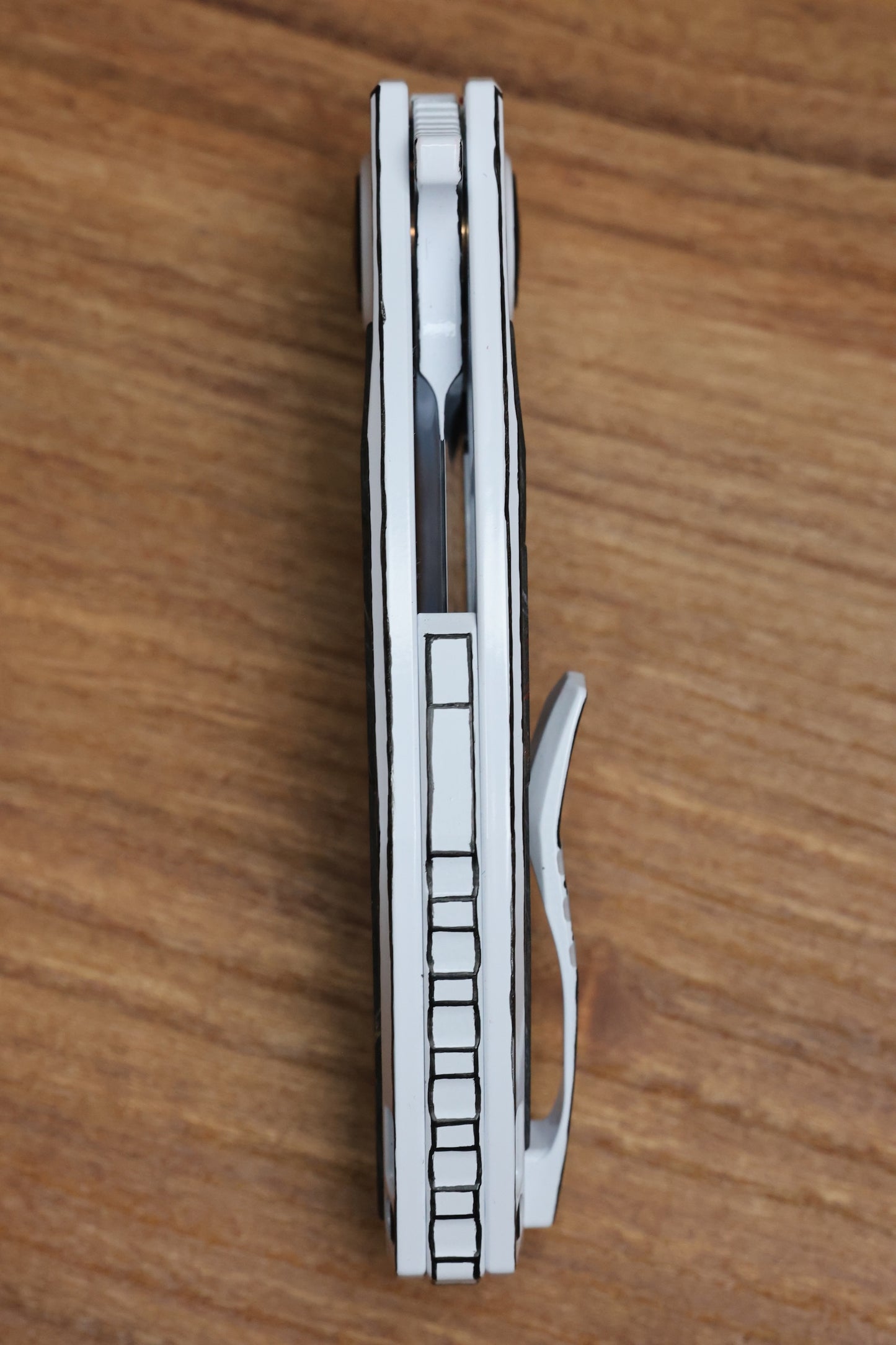 CUSTOM KNIFE FACTORY PEACEDUKE 2.0 WHITE CEL SHADE W/ CIRCUS CARBON FIBER INLAID TITANIUM HANDLES & M398