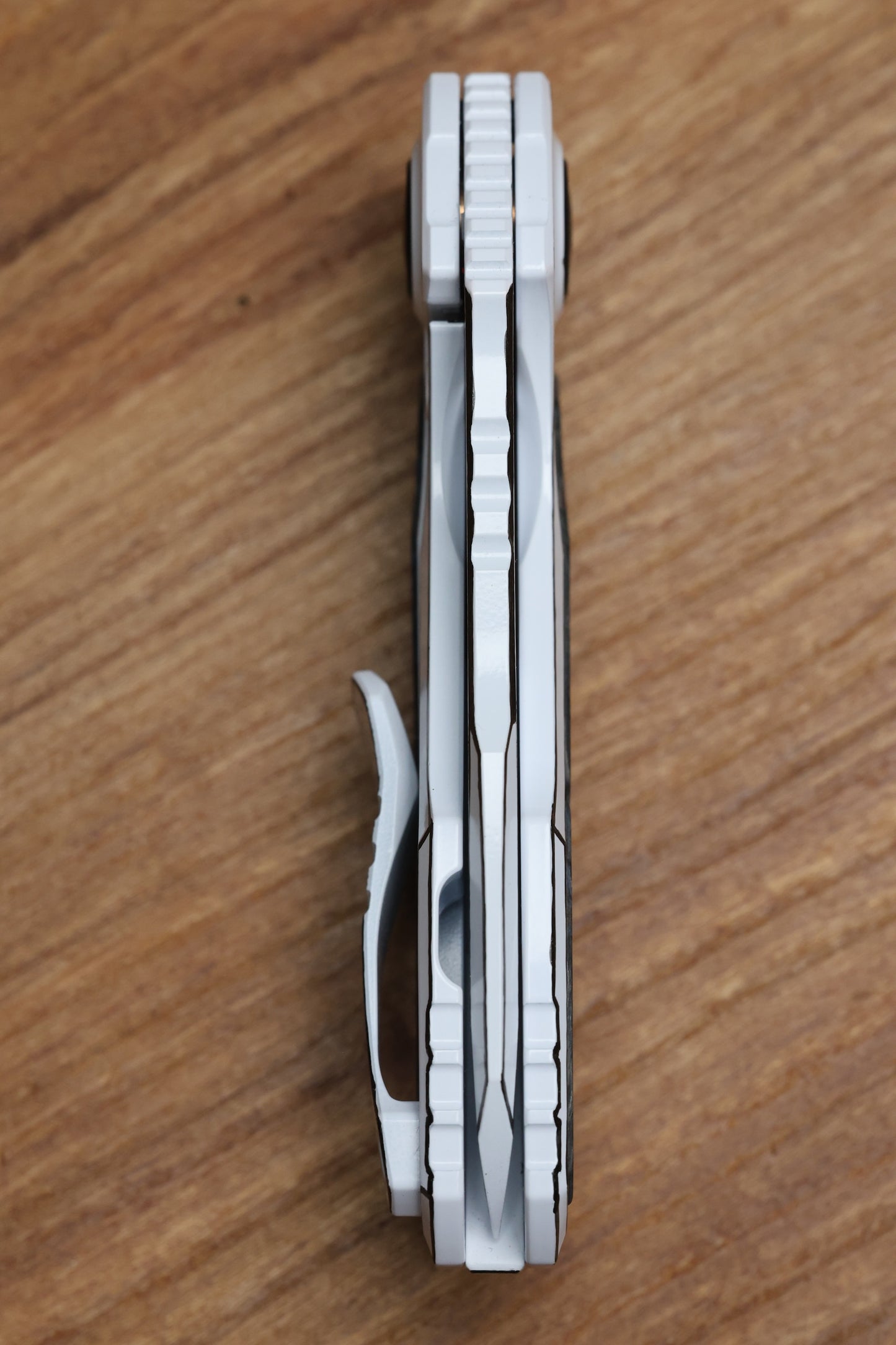 CUSTOM KNIFE FACTORY PEACEDUKE 2.0 WHITE CEL SHADE W/ CIRCUS CARBON FIBER INLAID TITANIUM HANDLES & M398