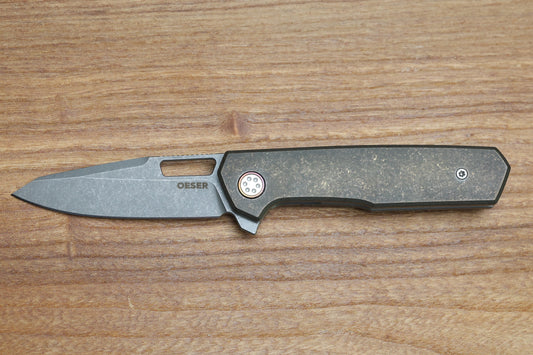 MECHFORCE KNIVES OESER NEBO V2 TUMBLED BRONZE TITANIUM HANDLES & ELMAX