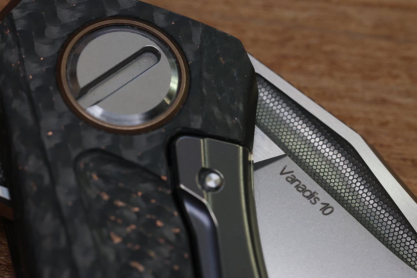 SHIROGOROV CUSTOM DIVISION QUANTUM BRONZE – LIGHTNING STRIKE CARBON FIBER HANDLES – VANADIS 10 BLADE – RBS