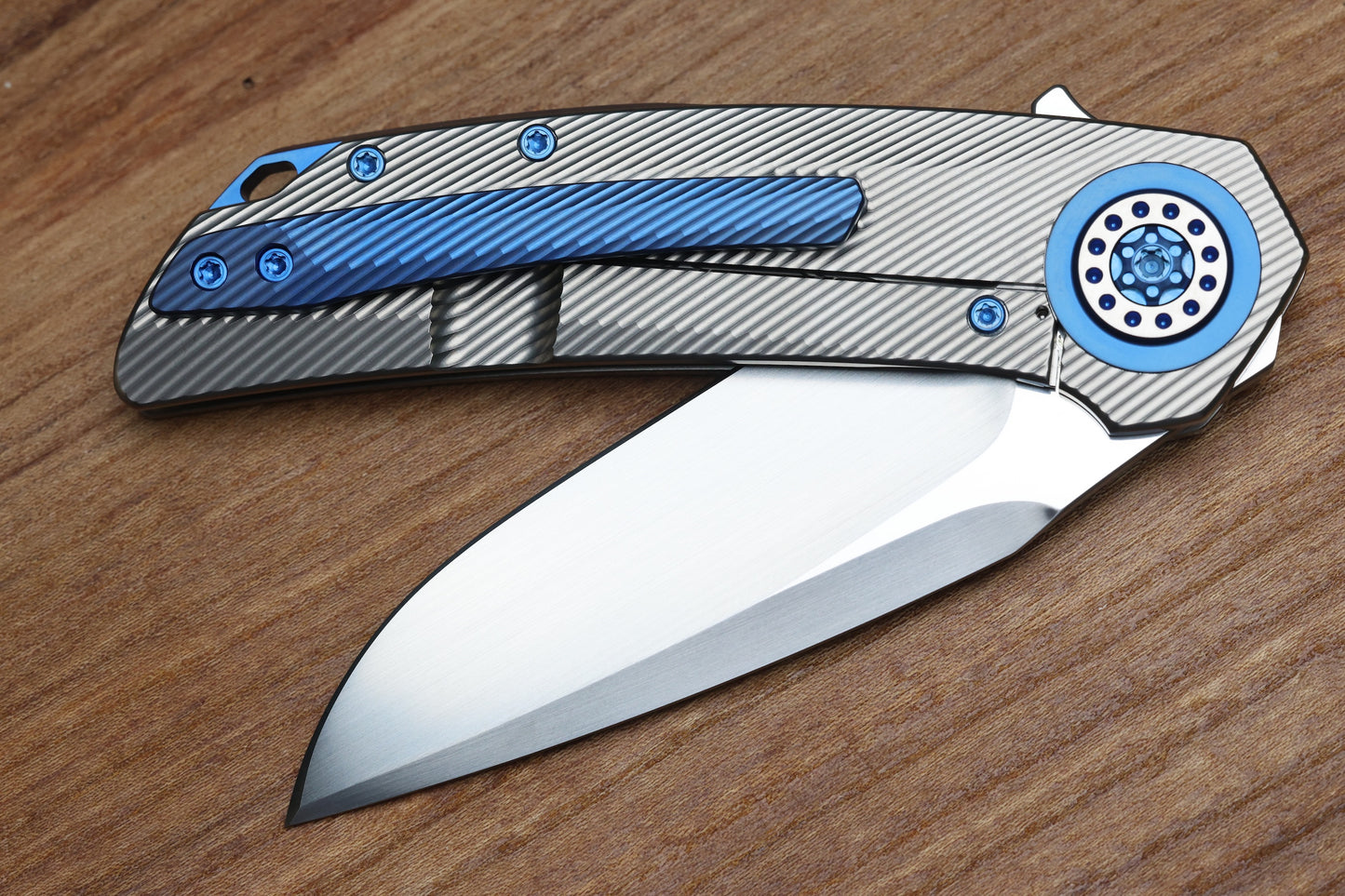 SKIFF MADE BLADES FUGITIVE- CPM154 BLADE, MILLED TITANIUM SCALES, ROYAL BLUE TI BACKSPACER, PIVOT COLLAR AND CLIP, #195