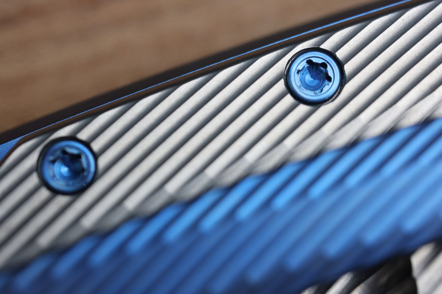 SKIFF MADE BLADES FUGITIVE- CPM154 BLADE, MILLED TITANIUM SCALES, ROYAL BLUE TI BACKSPACER, PIVOT COLLAR AND CLIP, #195