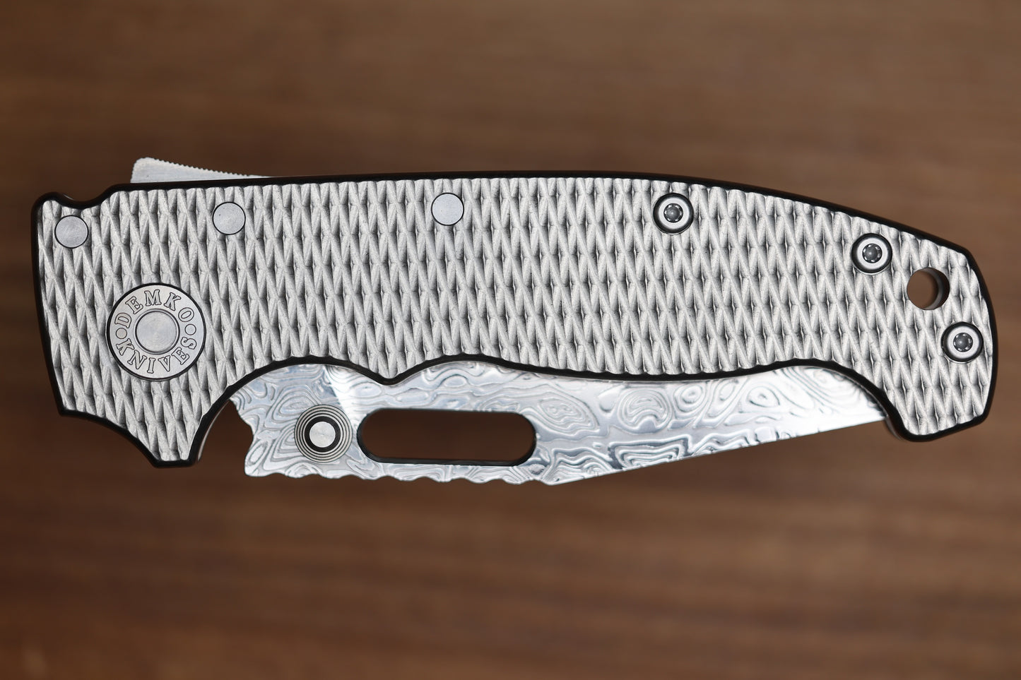 DEMKO KNIVES AD20I SLIM W/ TEXTURED TITANIUM HANDLES & POLISHED YGGDRASIL DAMASTEEL