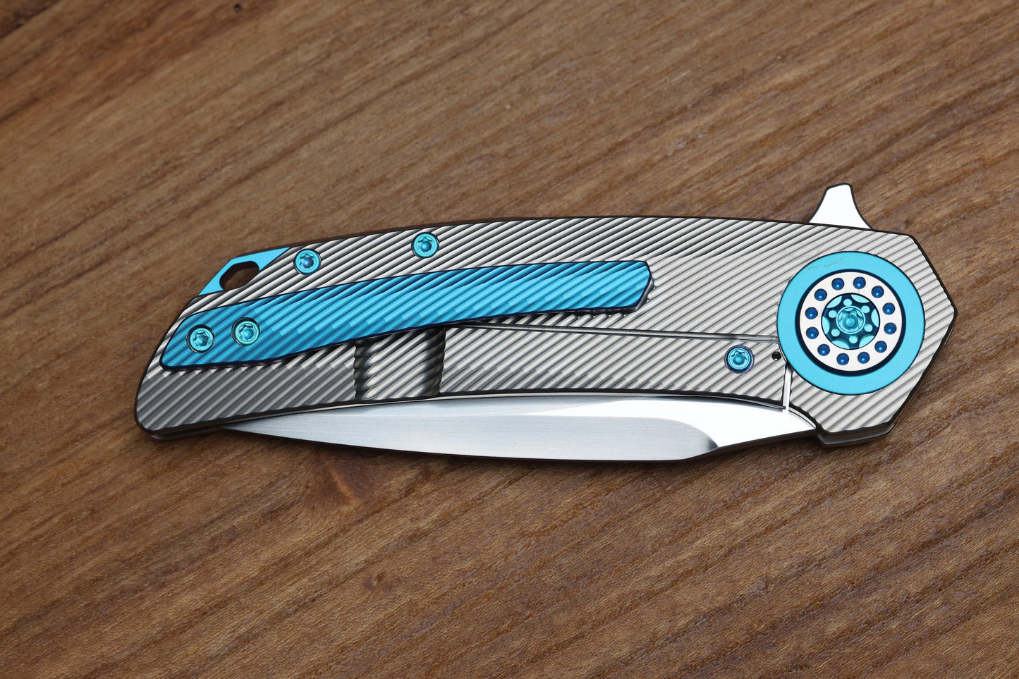 SKIFF MADE BLADES FUGITIVE- CPM154 BLADE, MILLED TITANIUM SCALES, SEA FOAM TI BACKSPACER, PIVOT COLLAR AND CLIP, #201