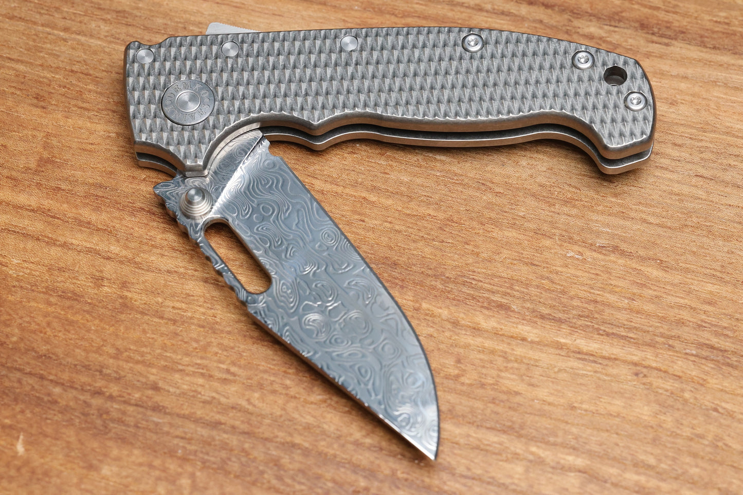 DEMKO KNIVES AD20I SLIM W/ TEXTURED TITANIUM HANDLES & POLISHED YGGDRASIL DAMASTEEL