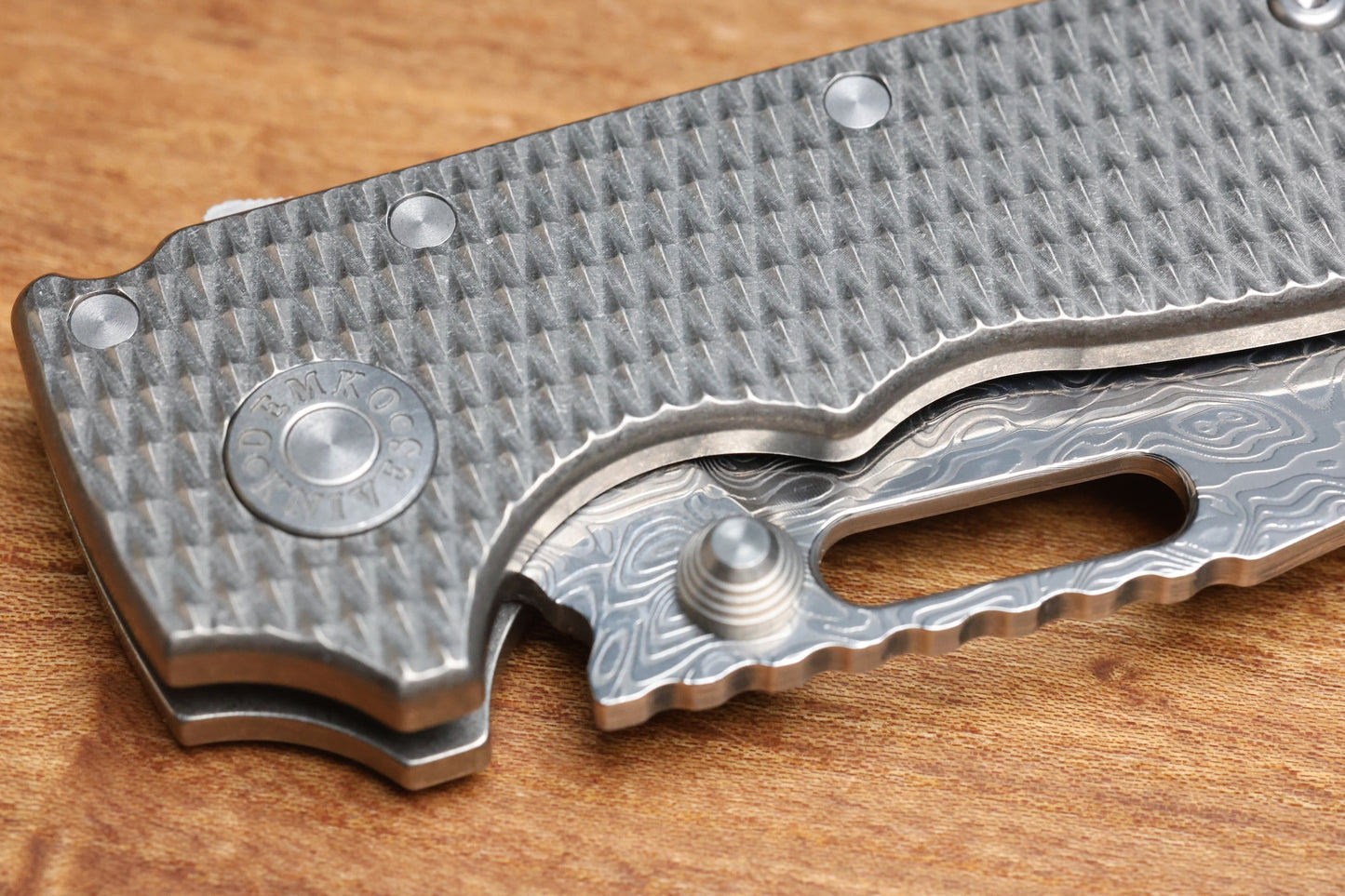 DEMKO KNIVES AD20I SLIM W/ TEXTURED TITANIUM HANDLES & POLISHED YGGDRASIL DAMASTEEL