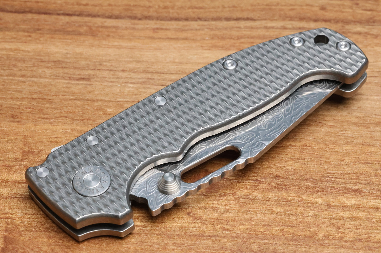 DEMKO KNIVES AD20I SLIM W/ TEXTURED TITANIUM HANDLES & POLISHED YGGDRASIL DAMASTEEL