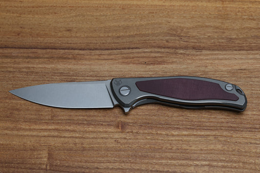 SHIROGOROV F95NL – ELMAX BLADE – STONEWASHED TITANIUM HANDLE W/ MAROON MICARTA INLAY- MRBS