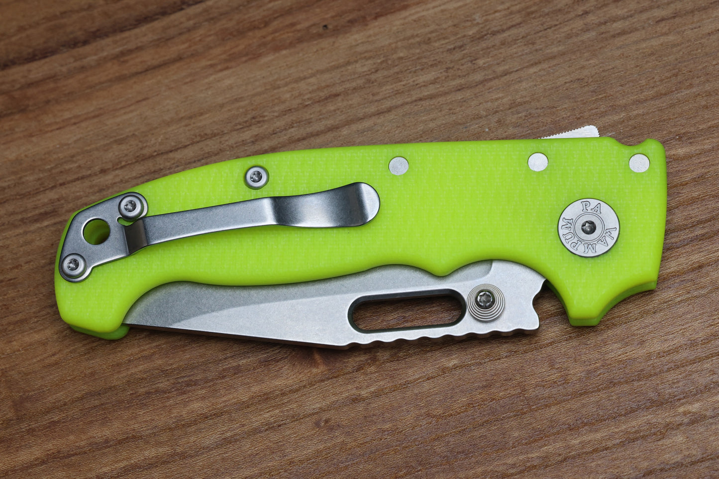 DEMKO KNIVES MG AD20S W/ TEXTURED DAY GLOW G10 HANDLES & 20CV CLIP POINT