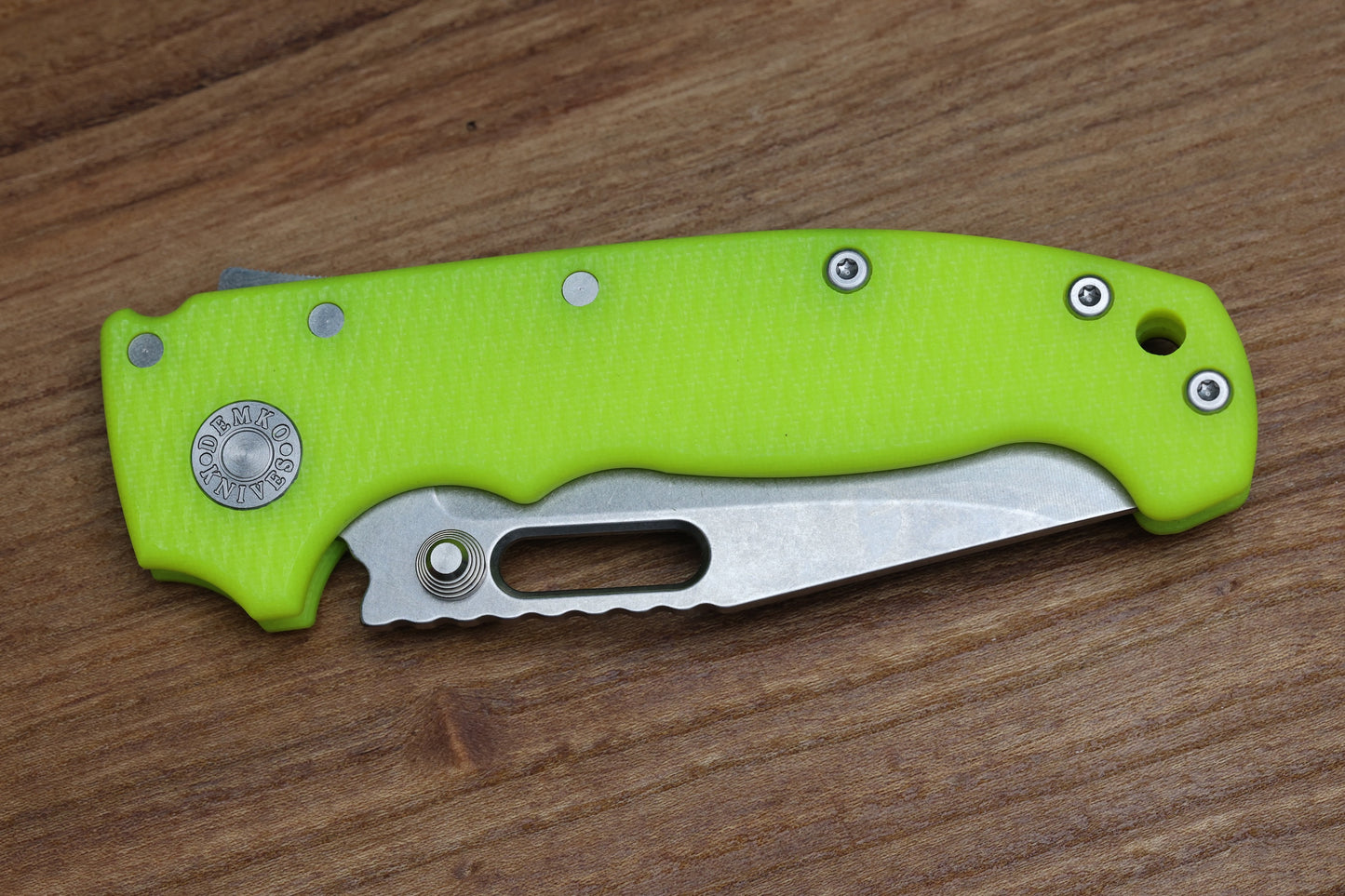 DEMKO KNIVES MG AD20S W/ TEXTURED DAY GLOW G10 HANDLES & 20CV CLIP POINT