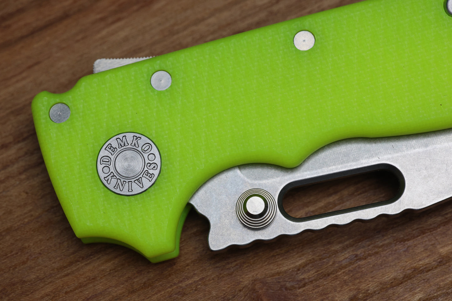 DEMKO KNIVES MG AD20S W/ TEXTURED DAY GLOW G10 HANDLES & 20CV CLIP POINT