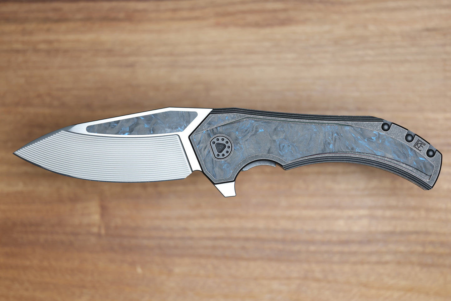 CUSTOM KNIFE FACTORY & MIKKEL WILLUMSEN GOZER TITANIUM HANDLES W/ BLUE CARBON FIBER ACCENTS & M398