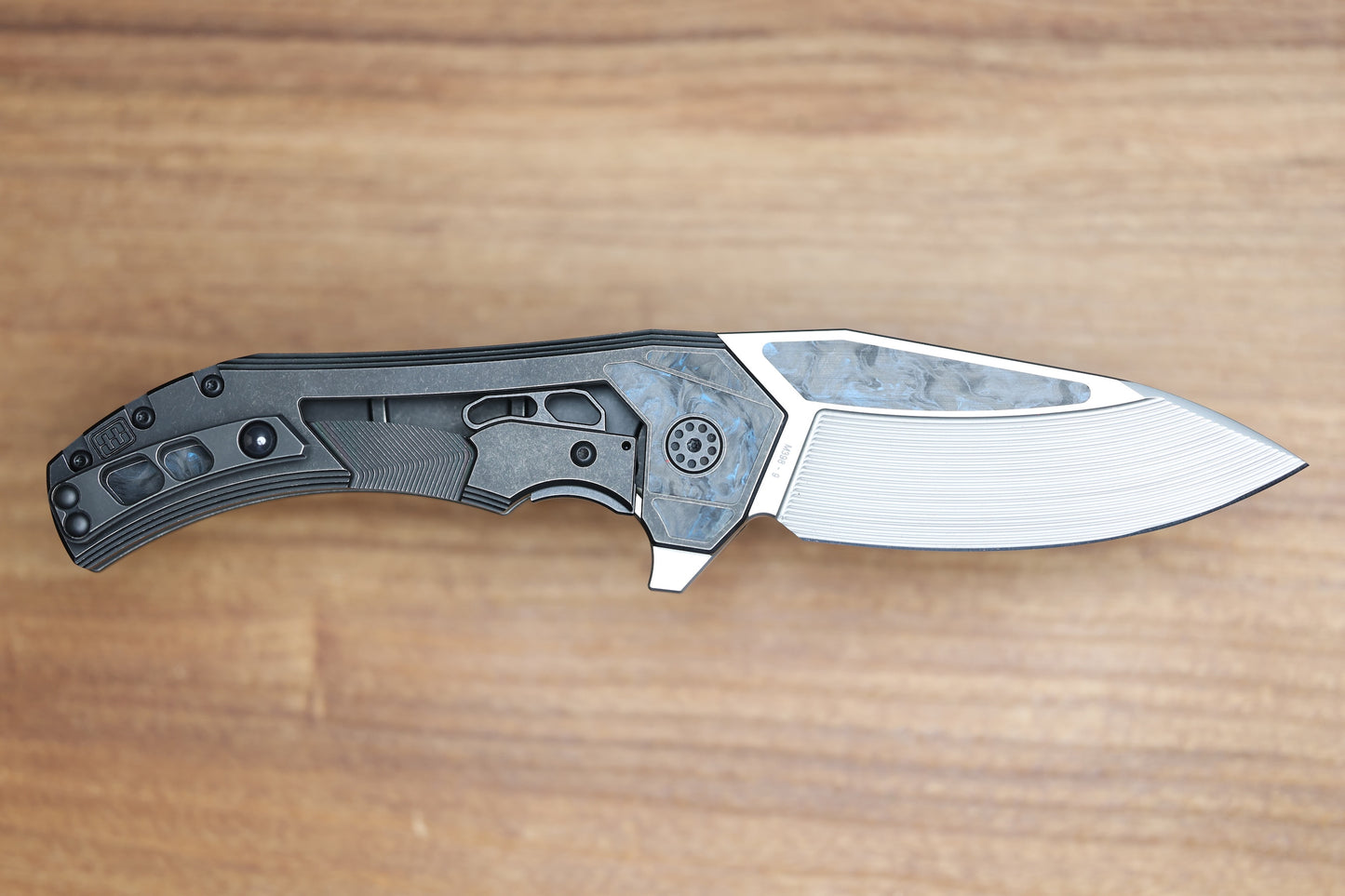 CUSTOM KNIFE FACTORY & MIKKEL WILLUMSEN GOZER TITANIUM HANDLES W/ BLUE CARBON FIBER ACCENTS & M398