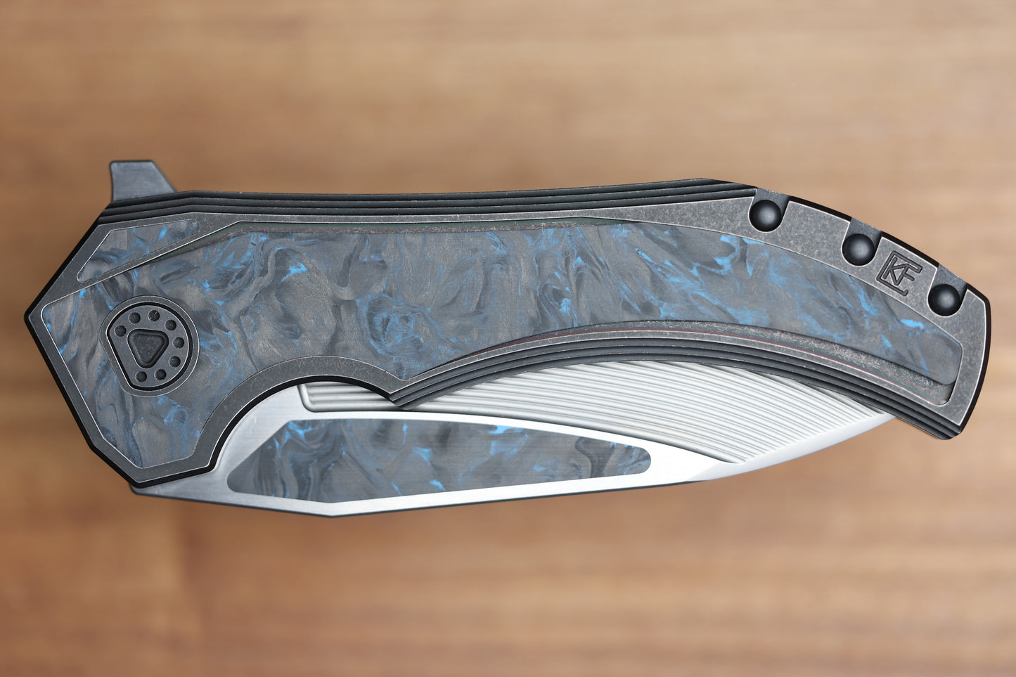 CUSTOM KNIFE FACTORY & MIKKEL WILLUMSEN GOZER TITANIUM HANDLES W/ BLUE CARBON FIBER ACCENTS & M398
