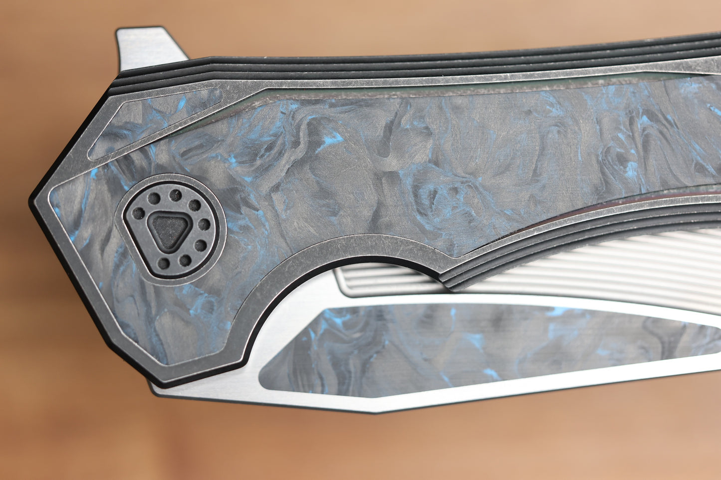 CUSTOM KNIFE FACTORY & MIKKEL WILLUMSEN GOZER TITANIUM HANDLES W/ BLUE CARBON FIBER ACCENTS & M398
