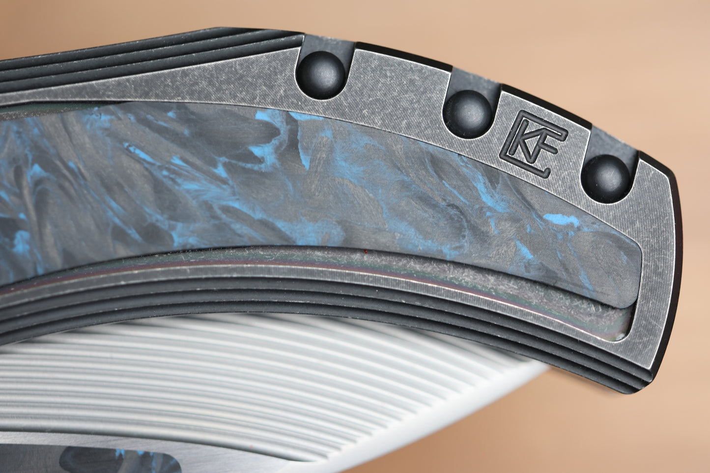 CUSTOM KNIFE FACTORY & MIKKEL WILLUMSEN GOZER TITANIUM HANDLES W/ BLUE CARBON FIBER ACCENTS & M398