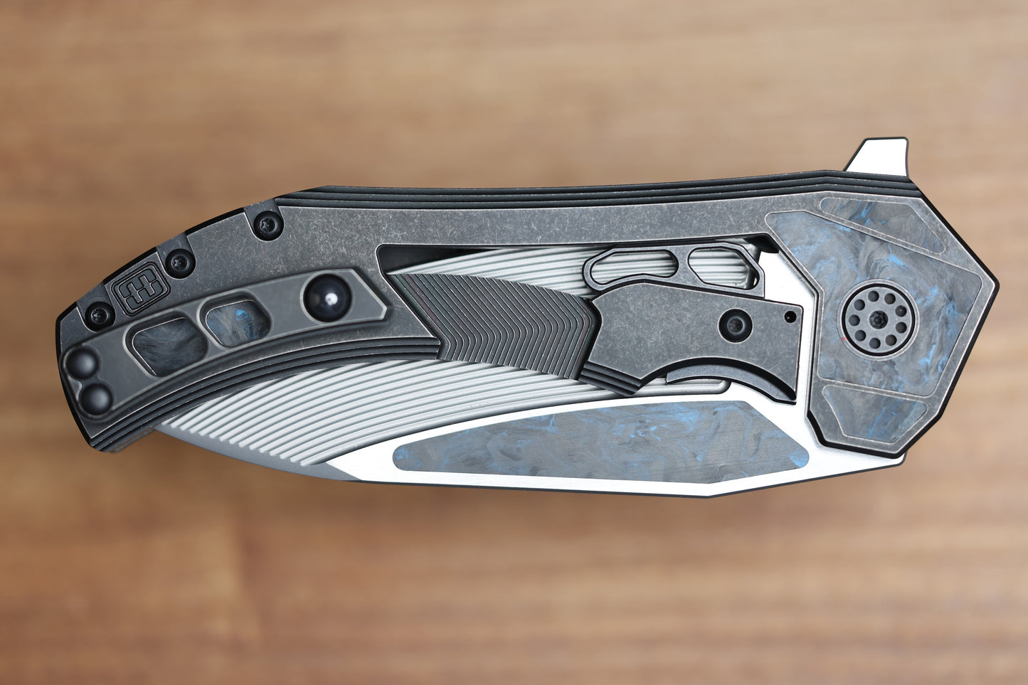 CUSTOM KNIFE FACTORY & MIKKEL WILLUMSEN GOZER TITANIUM HANDLES W/ BLUE CARBON FIBER ACCENTS & M398