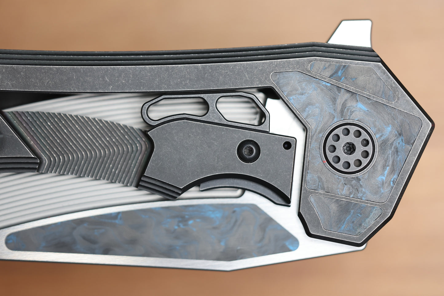 CUSTOM KNIFE FACTORY & MIKKEL WILLUMSEN GOZER TITANIUM HANDLES W/ BLUE CARBON FIBER ACCENTS & M398