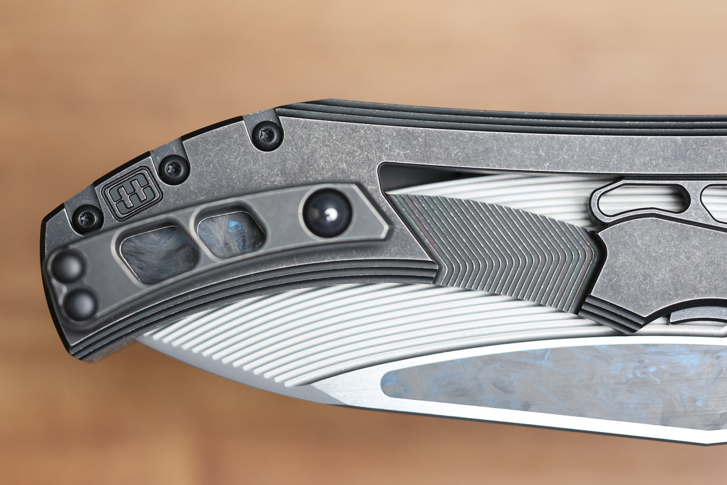CUSTOM KNIFE FACTORY & MIKKEL WILLUMSEN GOZER TITANIUM HANDLES W/ BLUE CARBON FIBER ACCENTS & M398