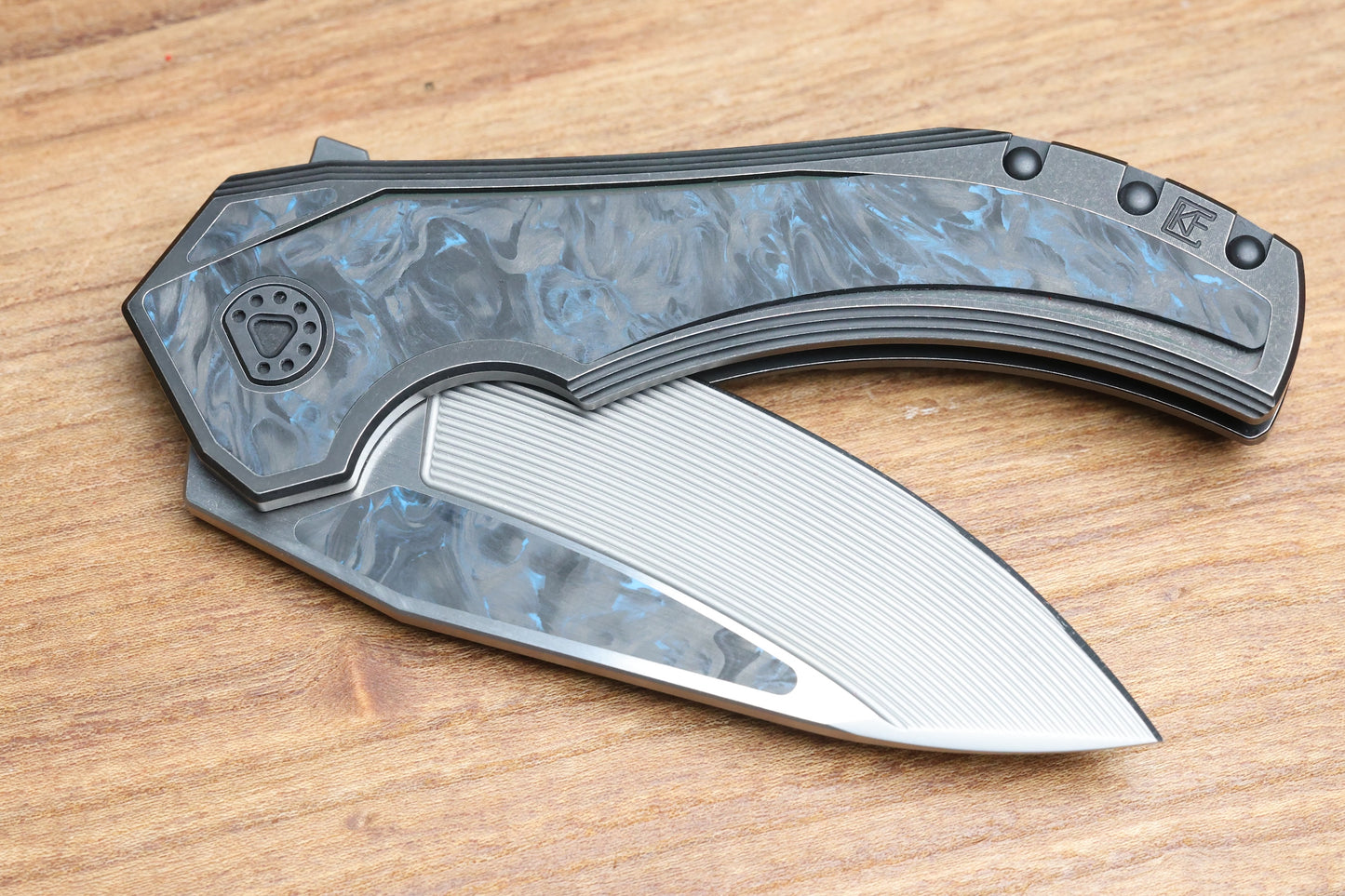 CUSTOM KNIFE FACTORY & MIKKEL WILLUMSEN GOZER TITANIUM HANDLES W/ BLUE CARBON FIBER ACCENTS & M398