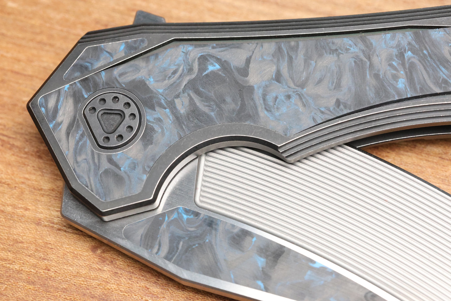 CUSTOM KNIFE FACTORY & MIKKEL WILLUMSEN GOZER TITANIUM HANDLES W/ BLUE CARBON FIBER ACCENTS & M398