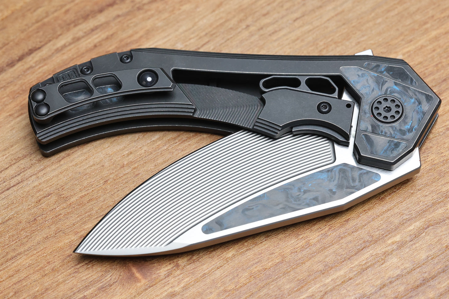 CUSTOM KNIFE FACTORY & MIKKEL WILLUMSEN GOZER TITANIUM HANDLES W/ BLUE CARBON FIBER ACCENTS & M398