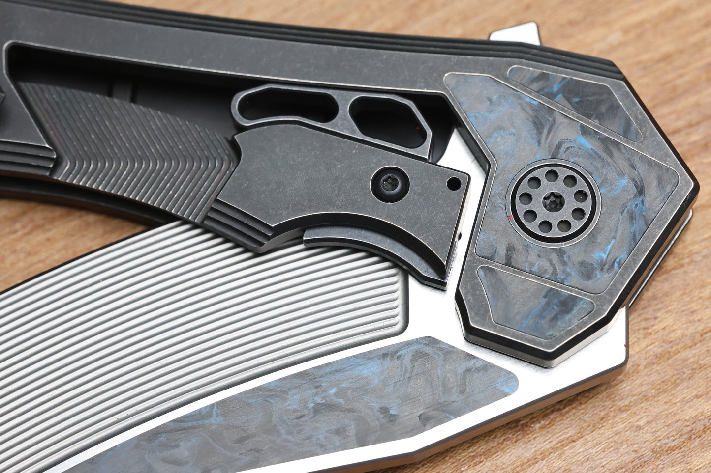 CUSTOM KNIFE FACTORY & MIKKEL WILLUMSEN GOZER TITANIUM HANDLES W/ BLUE CARBON FIBER ACCENTS & M398