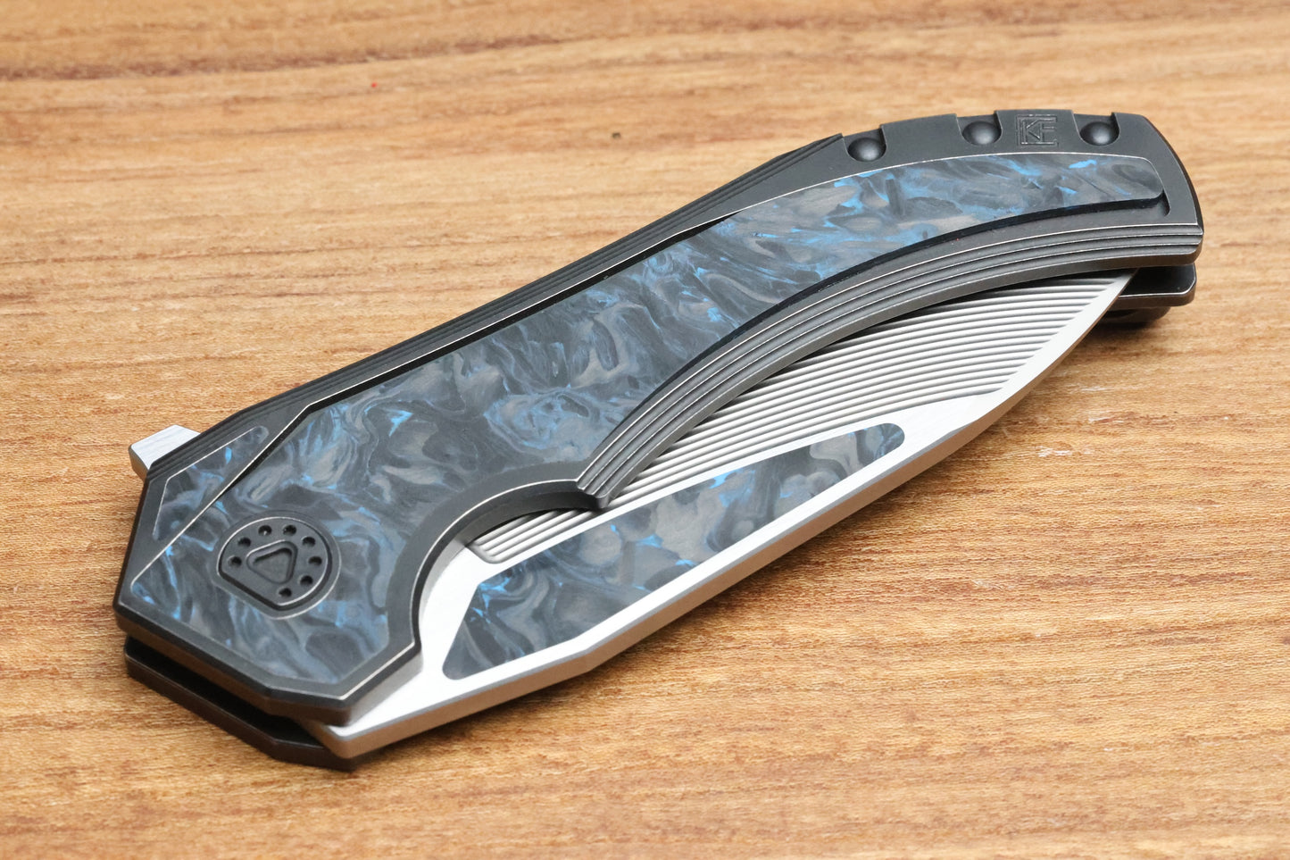 CUSTOM KNIFE FACTORY & MIKKEL WILLUMSEN GOZER TITANIUM HANDLES W/ BLUE CARBON FIBER ACCENTS & M398