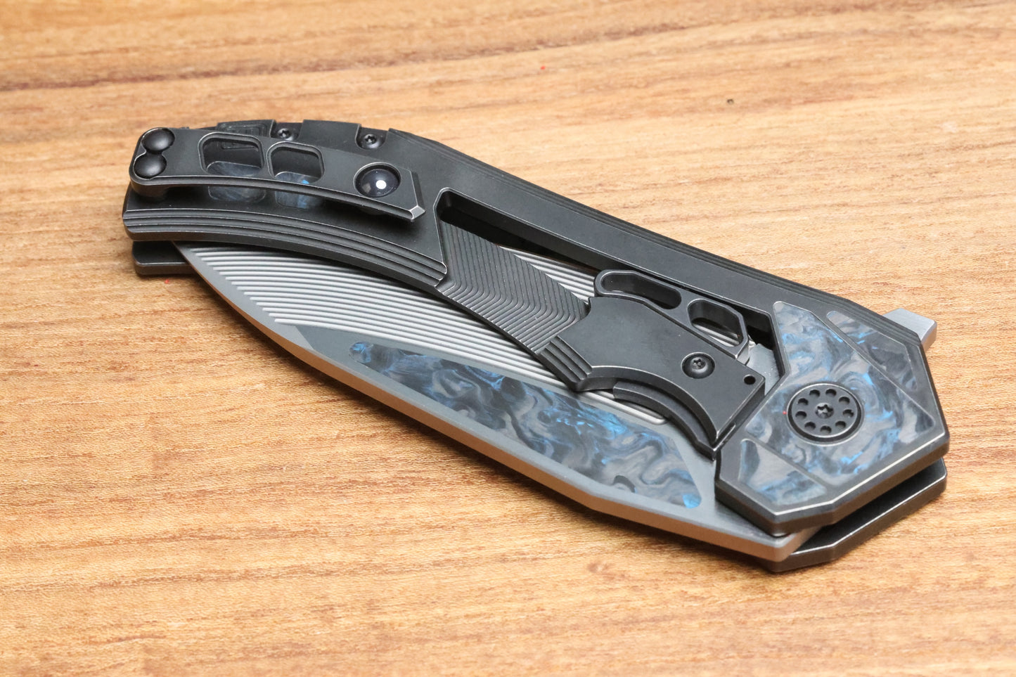CUSTOM KNIFE FACTORY & MIKKEL WILLUMSEN GOZER TITANIUM HANDLES W/ BLUE CARBON FIBER ACCENTS & M398